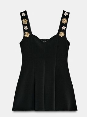 NWT Zara Black Embellished Strap W/Gold & Pearls Peplum Top Sz S